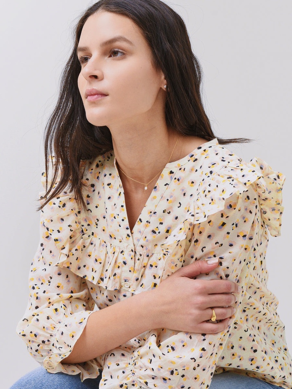 ba&sh Pale Yellow Floral Ruffle V-Neck Blouse Size 3